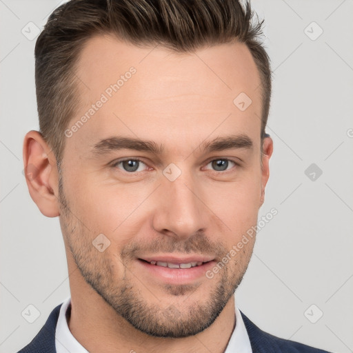 Joyful white young-adult male with short  brown hair and brown eyes