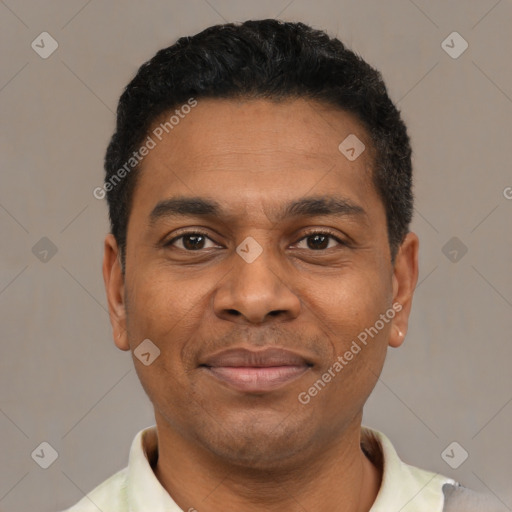 Joyful latino adult male with short  black hair and brown eyes