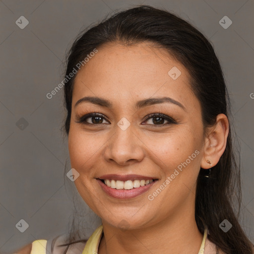 Joyful white young-adult female with long  brown hair and brown eyes