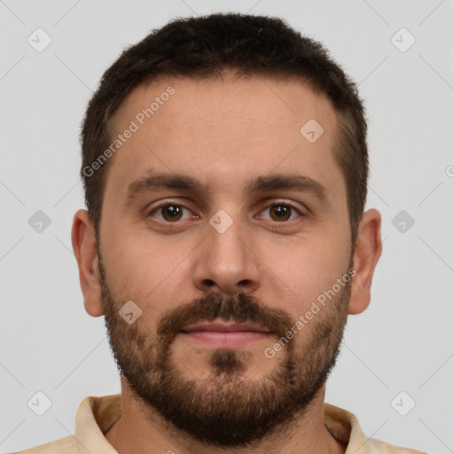 Neutral white young-adult male with short  brown hair and brown eyes