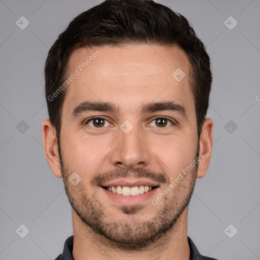 Joyful white young-adult male with short  brown hair and brown eyes