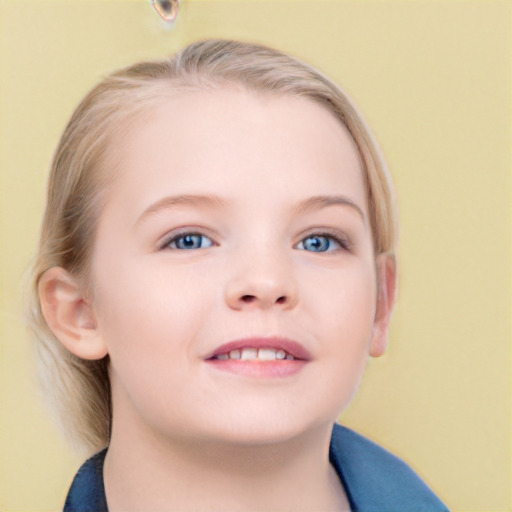 Joyful white child female with medium  brown hair and blue eyes