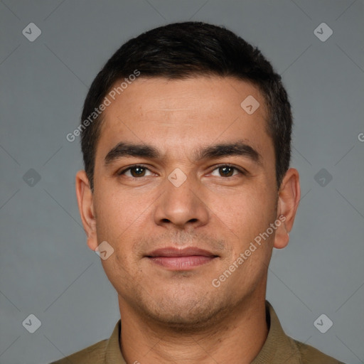 Neutral white young-adult male with short  brown hair and brown eyes