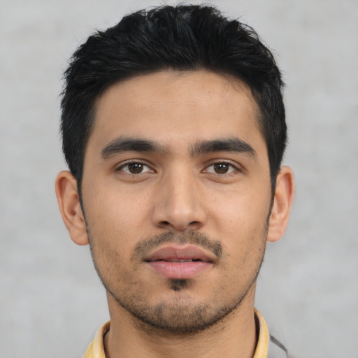 Neutral asian young-adult male with short  black hair and brown eyes