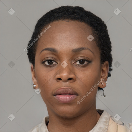 Neutral black young-adult female with short  black hair and brown eyes