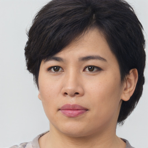 Joyful asian young-adult female with short  brown hair and brown eyes