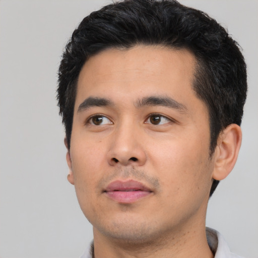 Neutral asian young-adult male with short  black hair and brown eyes