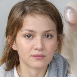 Neutral white young-adult female with medium  brown hair and blue eyes