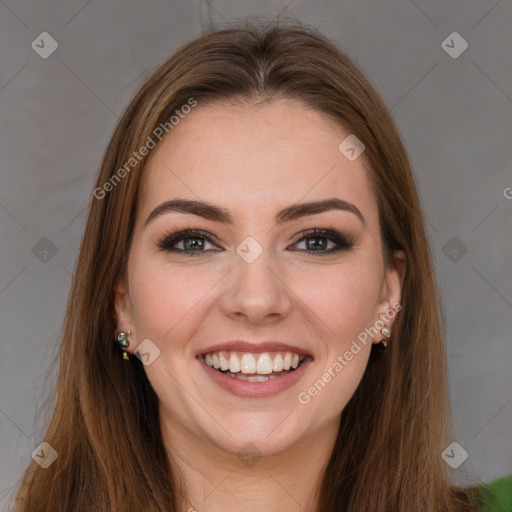 Joyful white young-adult female with long  brown hair and green eyes