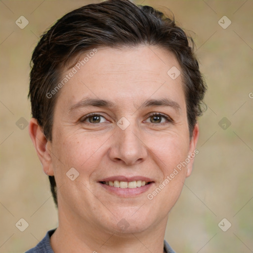 Joyful white adult female with short  brown hair and brown eyes