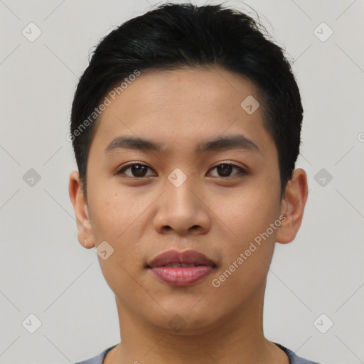 Neutral asian young-adult male with short  black hair and brown eyes