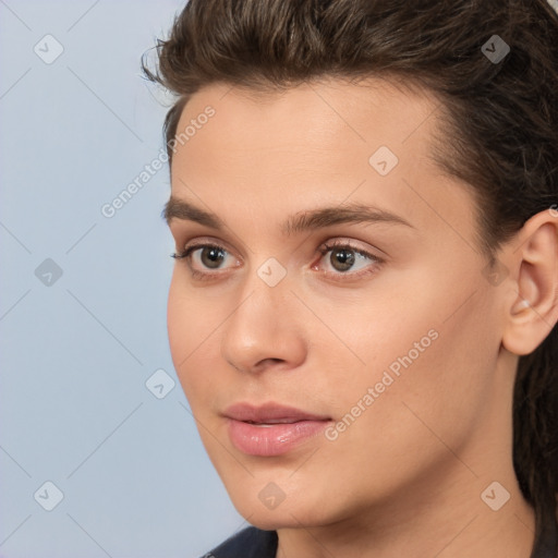 Neutral white young-adult female with short  brown hair and brown eyes