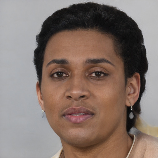 Neutral black young-adult female with short  black hair and brown eyes