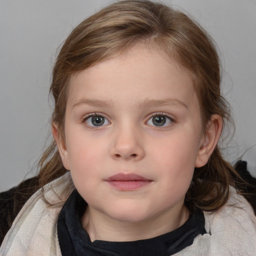 Neutral white child female with medium  brown hair and blue eyes