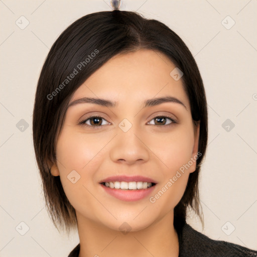 Joyful white young-adult female with medium  brown hair and brown eyes