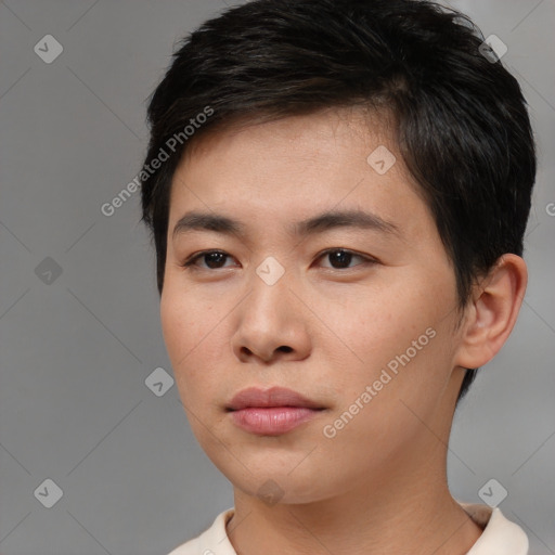 Neutral asian young-adult male with short  brown hair and brown eyes