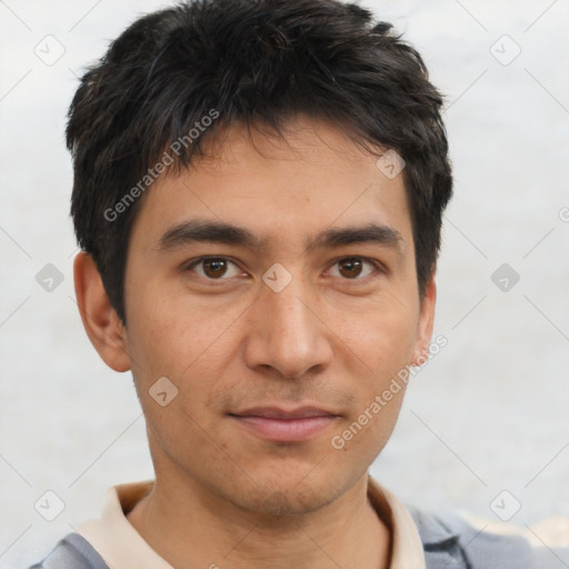 Neutral asian young-adult male with short  black hair and brown eyes