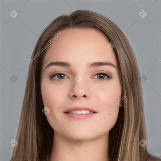 Neutral white young-adult female with long  brown hair and brown eyes