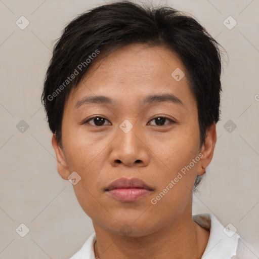 Neutral asian young-adult female with short  brown hair and brown eyes