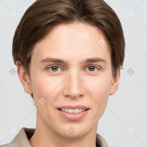 Joyful white young-adult female with short  brown hair and grey eyes