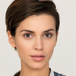 Neutral white young-adult female with short  brown hair and brown eyes