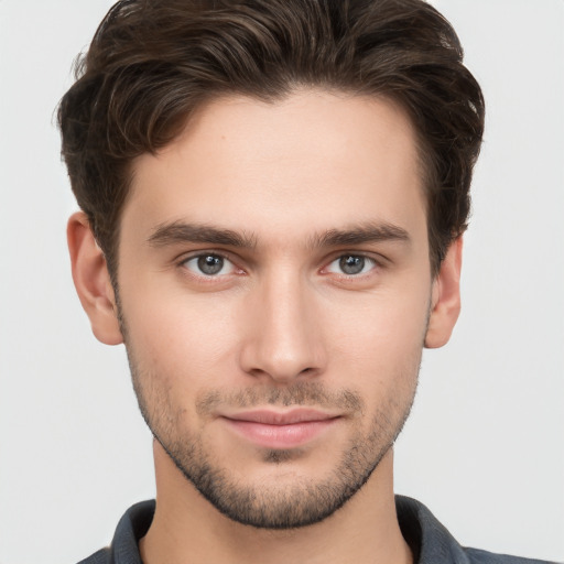 Neutral white young-adult male with short  brown hair and brown eyes