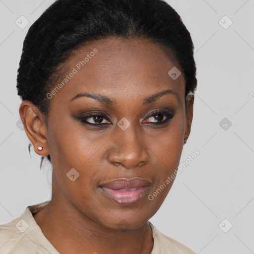 Joyful black young-adult female with short  brown hair and brown eyes