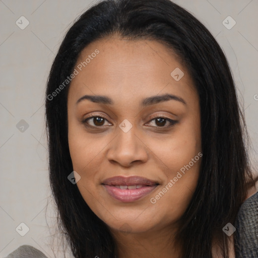 Joyful latino young-adult female with long  black hair and brown eyes