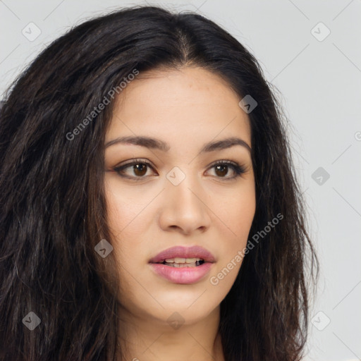 Joyful asian young-adult female with long  brown hair and brown eyes