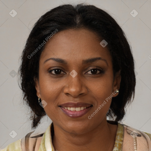 Joyful black young-adult female with medium  brown hair and brown eyes