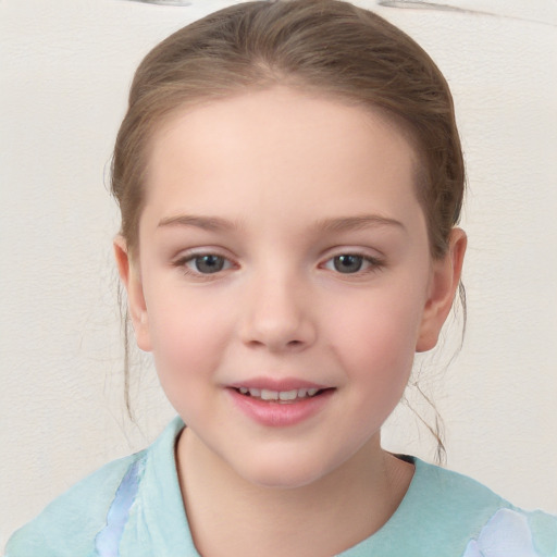 Joyful white child female with medium  brown hair and brown eyes