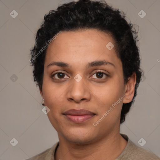 Joyful latino young-adult female with short  black hair and brown eyes