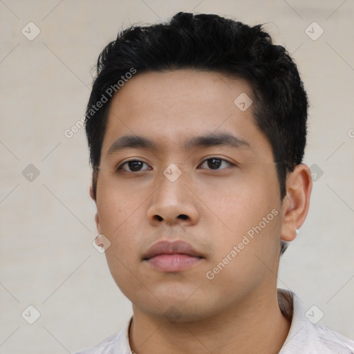 Neutral asian young-adult male with short  black hair and brown eyes