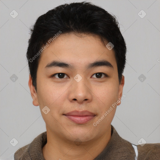 Joyful asian young-adult male with short  brown hair and brown eyes