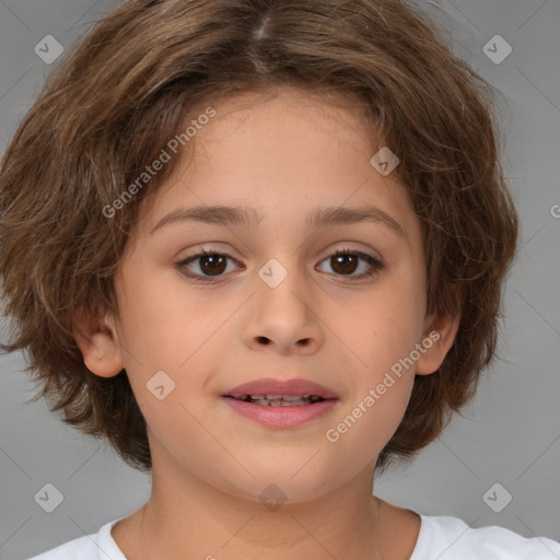 Joyful white child female with medium  brown hair and brown eyes