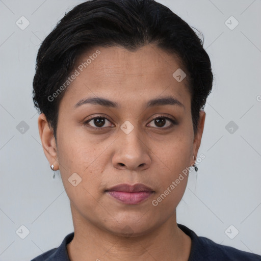 Joyful white young-adult female with short  brown hair and brown eyes