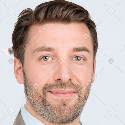 Joyful white adult male with short  brown hair and grey eyes