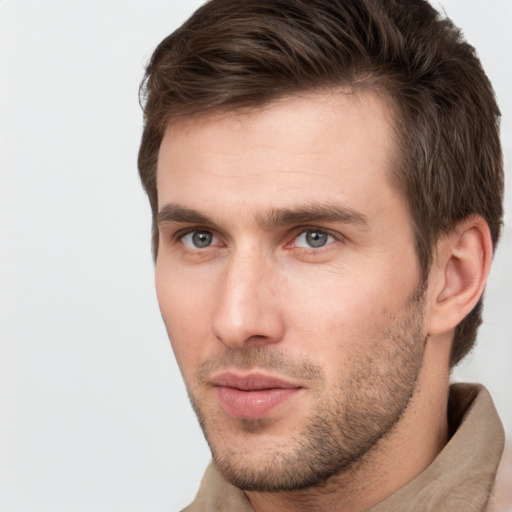 Neutral white young-adult male with short  brown hair and grey eyes