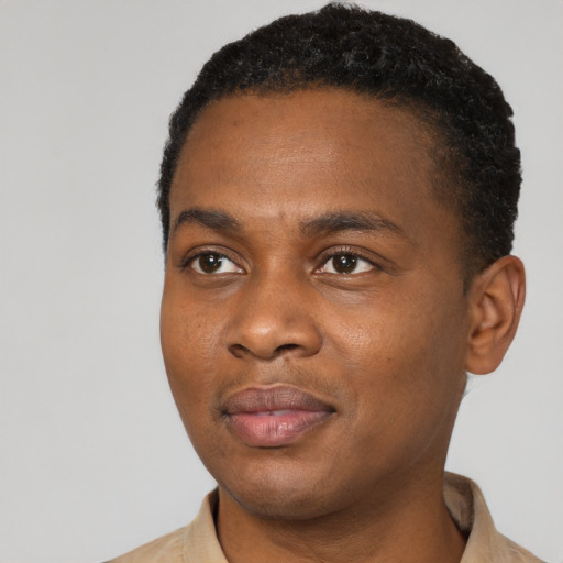 Joyful black young-adult male with short  black hair and brown eyes