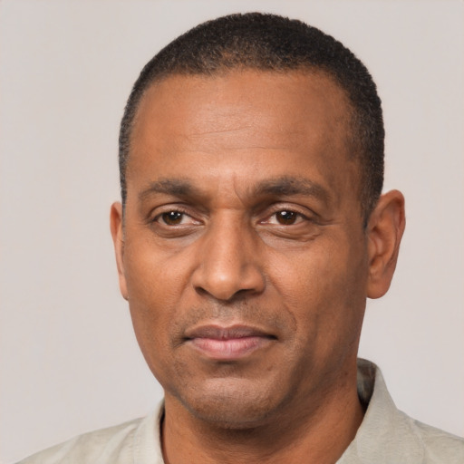 Neutral black adult male with short  black hair and brown eyes