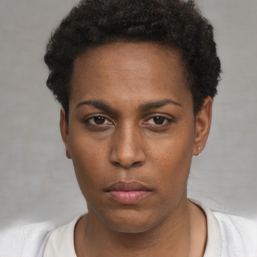 Neutral black young-adult female with short  black hair and brown eyes