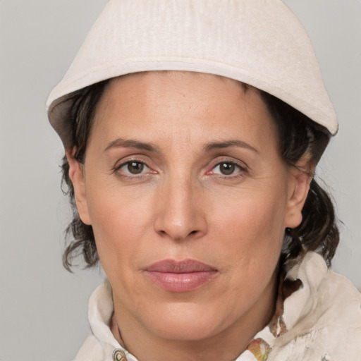 Joyful white adult female with medium  brown hair and grey eyes