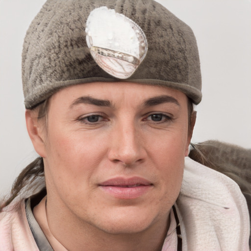 Joyful white adult female with short  brown hair and grey eyes