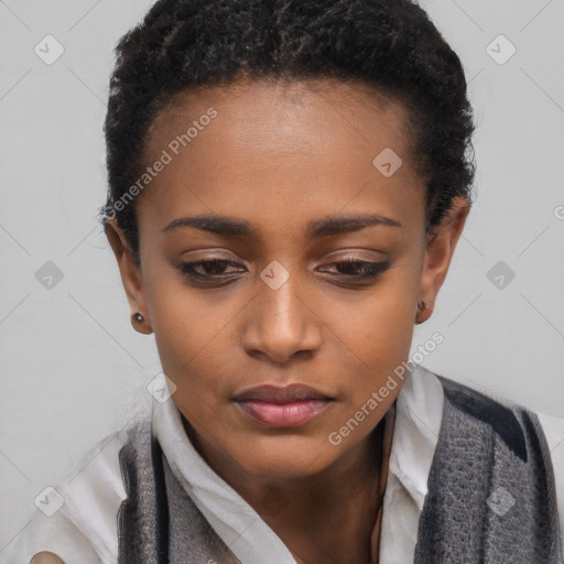 Neutral black young-adult female with short  brown hair and brown eyes