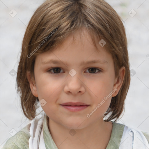 Joyful white child female with medium  brown hair and brown eyes