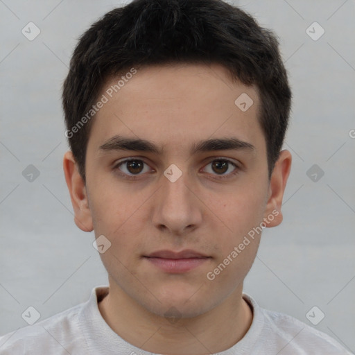 Neutral white young-adult male with short  brown hair and brown eyes