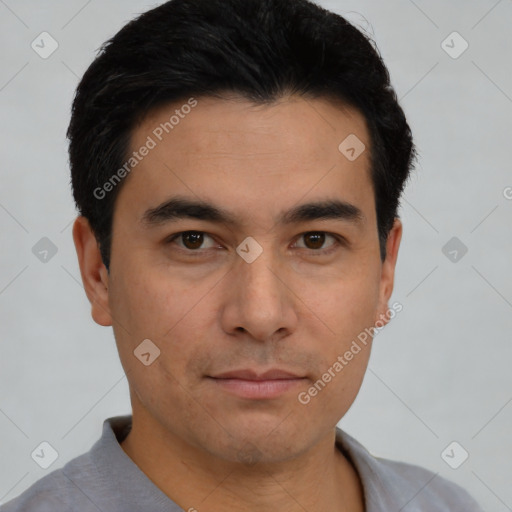 Neutral asian young-adult male with short  black hair and brown eyes