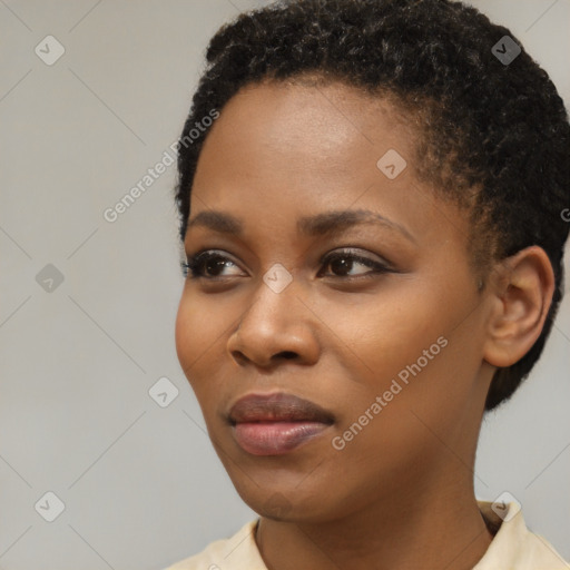 Neutral black young-adult female with short  black hair and brown eyes