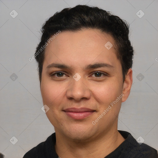 Joyful white young-adult female with short  black hair and brown eyes