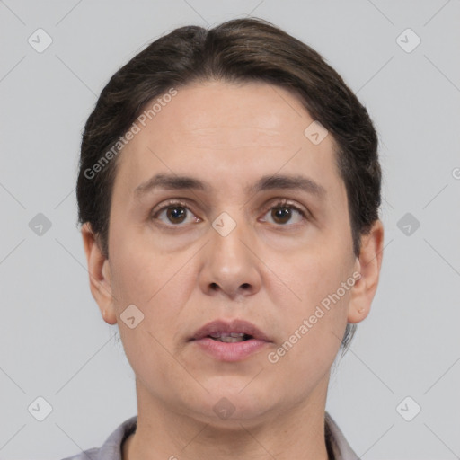 Neutral white adult female with short  brown hair and brown eyes